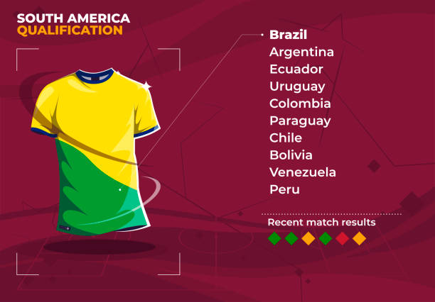 ilustrações, clipart, desenhos animados e ícones de ilustração vetorial de uma camiseta de futebol nas cores da bandeira do brasil, sul-americana de qualificação do grupo para o torneio internacional de futebol no catar, estatísticas dos resultados da seleção nacional - qatar