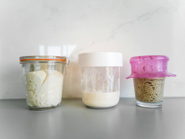 tre barattoli con diversi tipi di pane a lievitazione naturale sul tavolo in cucina - microbiotic foto e immagini stock