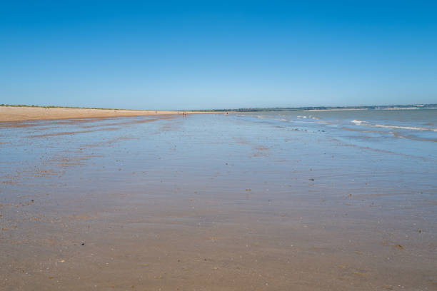 The beach at Sandwich Bay, Kent Sandwich, UK - Jan 21 2021 A beautiful shingle and sandy beach on a hot summer day with blue skies. A few people are enjoying the beach which is accessed via a toll gate through a private estate. sandwich kent stock pictures, royalty-free photos & images