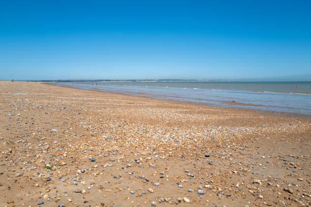 Sandwich Bay, Kent. Sandwich, UK - Jan 21 2021 A beautiful shingle and sandy beach on a hot summer day with blue skies. A few people are enjoying the beach which is accessed via a toll gate through a private estate. sandwich kent stock pictures, royalty-free photos & images