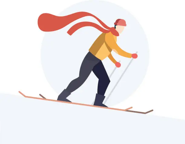 Vector illustration of Winter tourism and skiing concept. Trendy flat style with skier in yellow and black sports suit. Vector of skier sliding downhill in windy weather. Snowy weather and downhill skiing vector illustration.