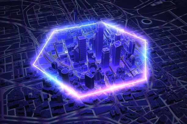 Photo of neon hexagon shape over dark city above view