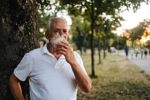 l'uomo anziano fuma sigari nel parco pubblico al tramonto - brutta abitudine foto e immagini stock