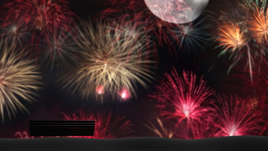 A bench silhouette on a park hill top with colorful firework in a full moon night (3D Rendering)
