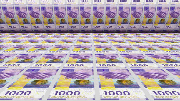 inflation. swiss franc banknotes or bills, chf currency cash in switzerland. stack of money printing machine. paper process in central bank. economic, finance. laundering.rich exchange. 3d illustrati - swiss currency imagens e fotografias de stock