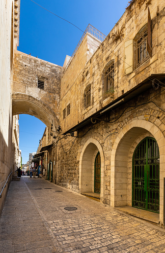 Jerusalem, Israel - October 12, 2017: Ecce Homo Arch, remaining of ancient roman emperor Hadrian Aelia Capitolina quarter at Via Dolorosa street in Jerusalem Old City