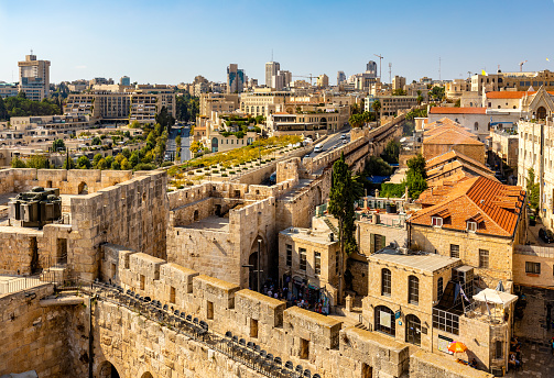 Jerusalem, Israel - October 12, 2017: Panoramic view of Jerusalem with King David and Plaza Hotel and Mamilla quarter seen from Tower Of David citadel in Old City