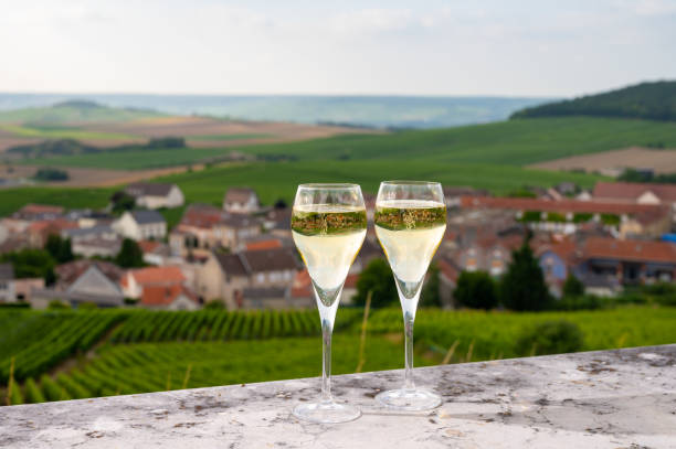 Tasting of brut and demi-sec white champagne sparkling wine from special flute glasses with Champagne vineyards on background near Cramant, France Tasting of brut and demi-sec white champagne sparkling wine from special flute glasses with view on green Champagne vineyards, France cramant stock pictures, royalty-free photos & images