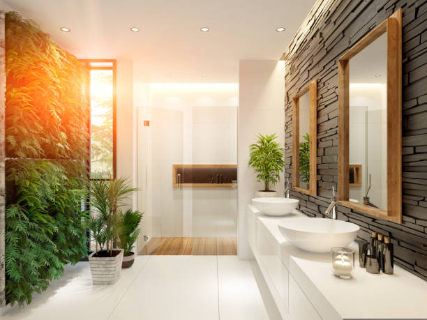 istock Modern minimalist bathroom with green wall garden 1330424240