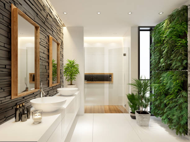 istock Modern minimalist bathroom with green wall garden 1330424244