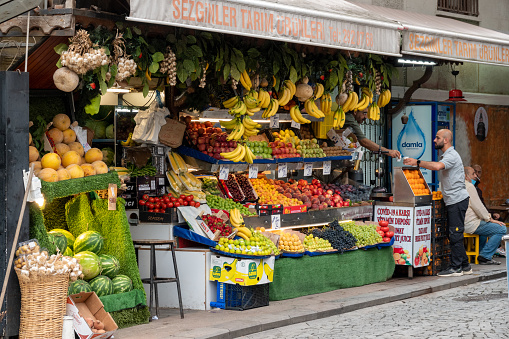 Istanbul,Turkey- July 07,2021:Fresh organic fruits at the greengrocer in Galata District