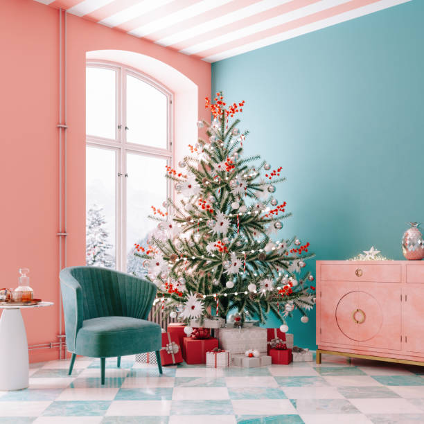 クリスマスツリーと装飾が施されたモダンミッドセンチュリーリビングルーム - eclectic ストックフォトと画像