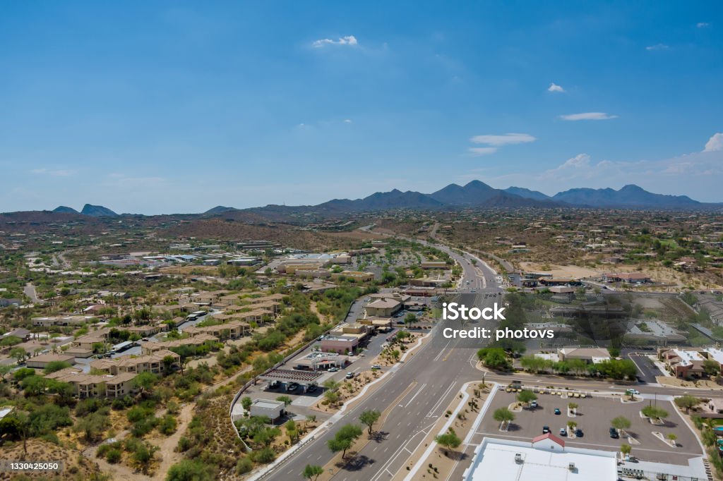 Overlooking view of a small town a Fountain Hills in the N Beeline Hwy US 87 interchanges highways of in Arizona USA Overlooking view of a small town a Fountain Hills in the N Beeline Hwy US 87 interchanges highways of in Arizona US Aerial View Stock Photo