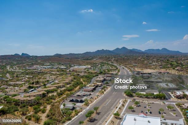 Overlooking View Of A Small Town A Fountain Hills In The N Beeline Hwy Us 87 Interchanges Highways Of In Arizona Usa Stock Photo - Download Image Now