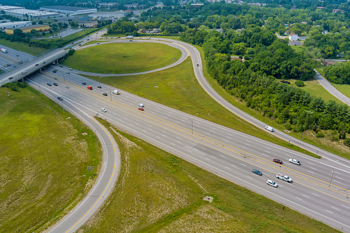 Panoramic aerial view in Interstate 70 running through the Scioto Woods, Columbus, Ohio USA
