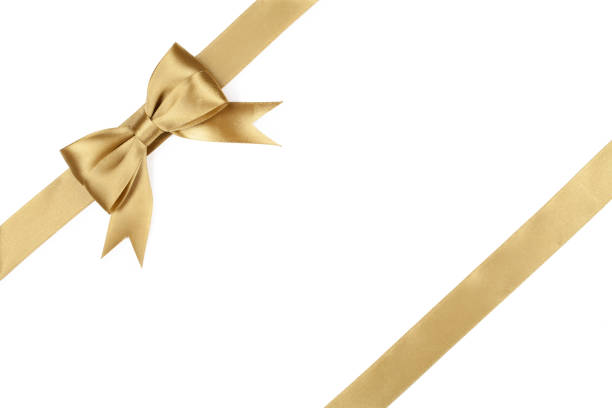 beautiful gold bow on white background - gift gold box white imagens e fotografias de stock