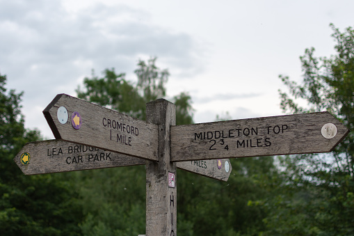 A sign post at High Peak Junction in Derbyshire shown pointing the way to Cromford,. Middleton Top and Lea Bridge