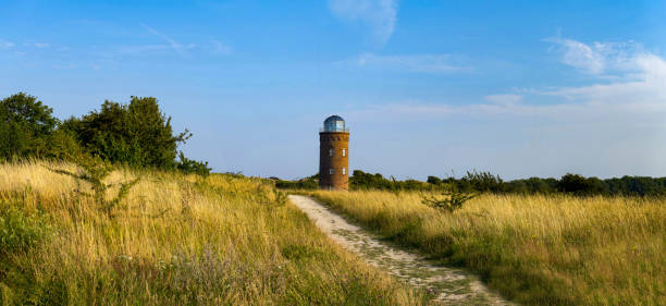 Arkona Cape, Germany, August 8, 2020: View of the Peilturm lighthouse on the Arkona Cape on the Rügen Island in North Germany.