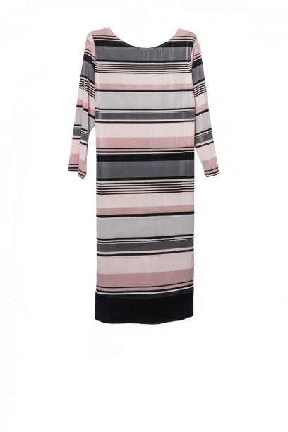 istock Elegant midi dress with abstract geometric colored striped pattern, isolated on white background. Photo on the crossbar and shoulders-hangenrs 1330429861