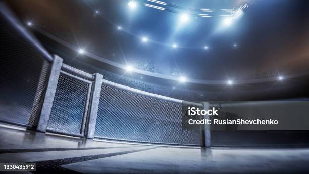 Mma Cage Side Scene View Under Lights Fighting Championship Fight Night Mma Octagon 3d Rendering Stock Photo - Download Image Now
