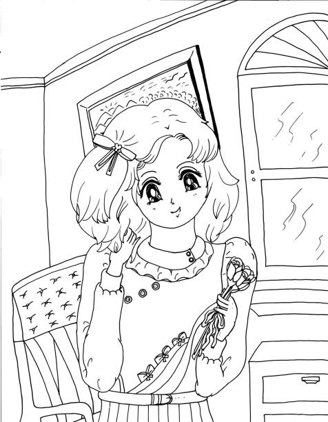 Bright Short Haired Young Girl Anime Manga Style Children's Coloring Page Illustration 2021 Bright Short Haired Young Girl Anime Manga Style Children's Coloring Page Illustration with Vector 2021 black and white anime girl stock illustrations