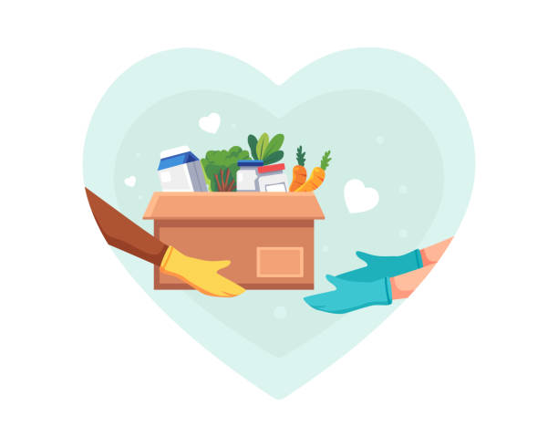 Food and groceries donation illustration Food and groceries donation illustration. Volunteer holding a donation box with food using protective gloves, giving a donation box, Solidarity and charity concept. Vector illustration in a flat style food staple stock illustrations