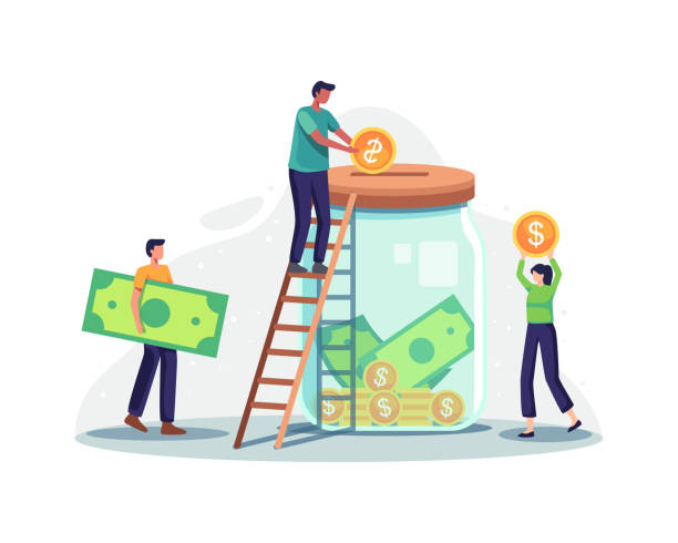 Charity and money donation illustration Charity and money donation. Tiny people character putting money into huge glass jar for donate. Male character stand on ladder throw coins, Fundraising concept. Vector illustration in a flat style charity benefit illustrations stock illustrations
