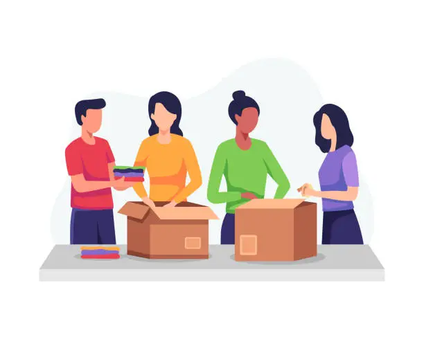 Vector illustration of Volunteers with donation box and packing clothes