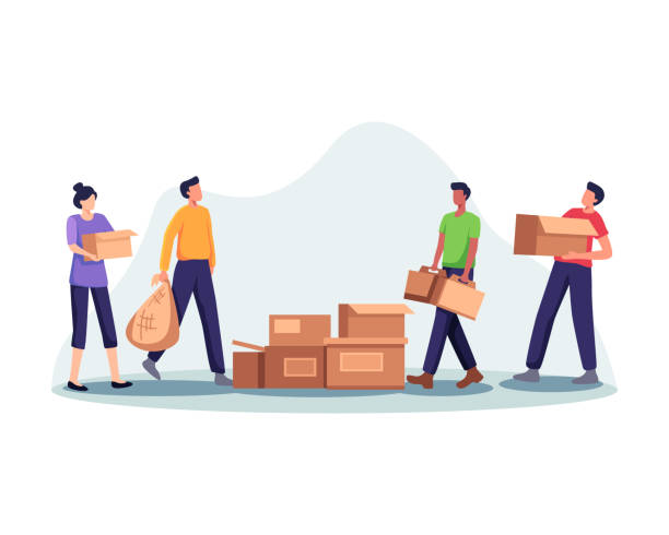 freiwillige packen spendenboxen - umzugshelfer stock-grafiken, -clipart, -cartoons und -symbole
