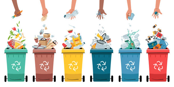 Waste collection, segregation and recycling illustration. Garbage types Garbage segregation. Waste separate, classification and recycling concept. Colored dustbin or trash cans for each type - organic, metal, paper, plastic, glass, e-waste and other. trash illustrations stock illustrations