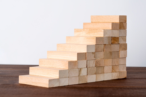 Toy wooden staircase. Wealth ladder, business concept