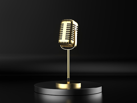 3d rendering golden microphone on stage with black background