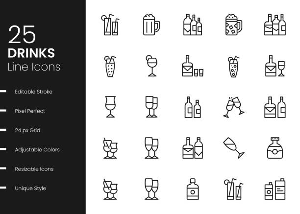 Alcohol Drink Line Icons Alcohol Drinks Minimalistic Editable Stroke Vector Style Thin Line Icons cocktail wine bottle glass alcohol stock illustrations