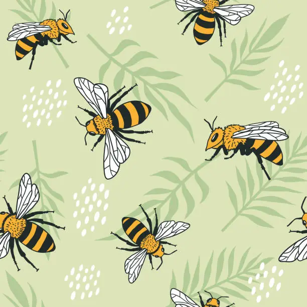 Vector illustration of Vector seamless pattern with bees and leaves.