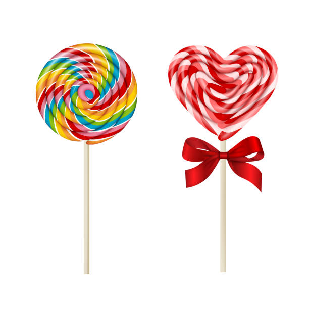 ilustrações de stock, clip art, desenhos animados e ícones de isolated colorful lollipops. rainbow lollipop and heart-shaped lollipop with red bow - pirulito