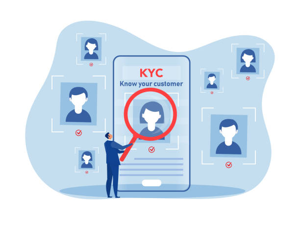 kyc oder kennen sie ihren kunden mit geschäft, um die identität seiner kunden konzept bei den partnern zu sein durch eine lupe vektor illustrator - know your customer stock-grafiken, -clipart, -cartoons und -symbole