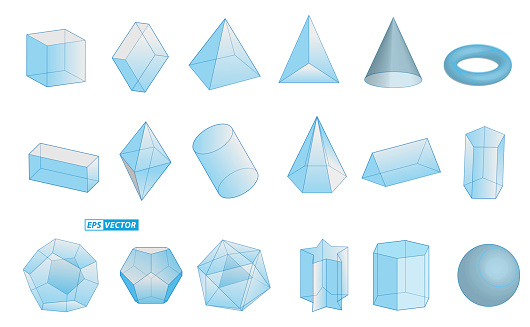 set of realistic geometric shapes isolated or basic 3d shapes or various shape lines in math concept. eps vector
