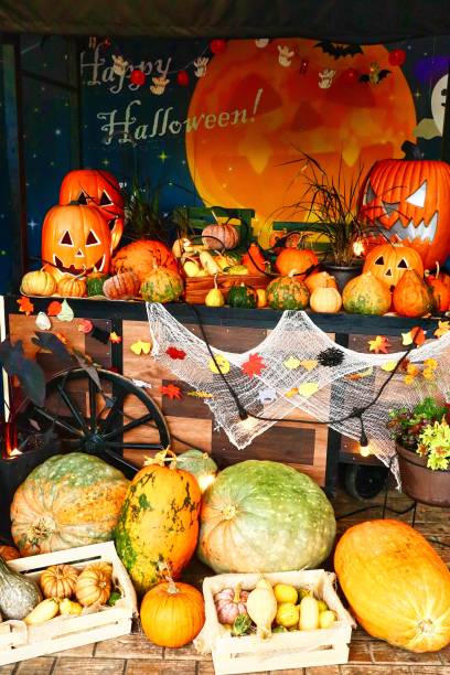 istock Fun Halloween pumpkins and cute ghosts in October 1330463021