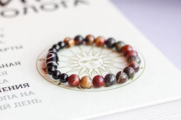 on the paper surface with astrological symbols is a bracelet made of natural stone beads