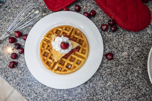 Waffle with Cherry Pie on top.
