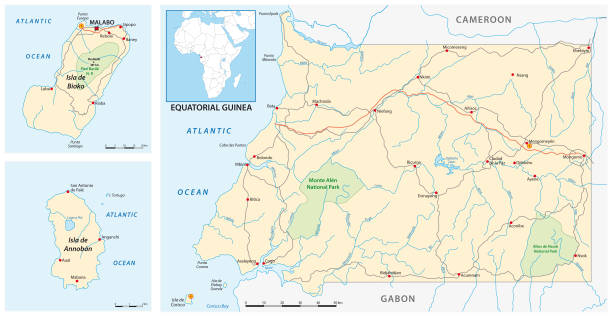 illustrations, cliparts, dessins animés et icônes de carte de la route vectorielle et du parc national de guinée équatoriale - guinée