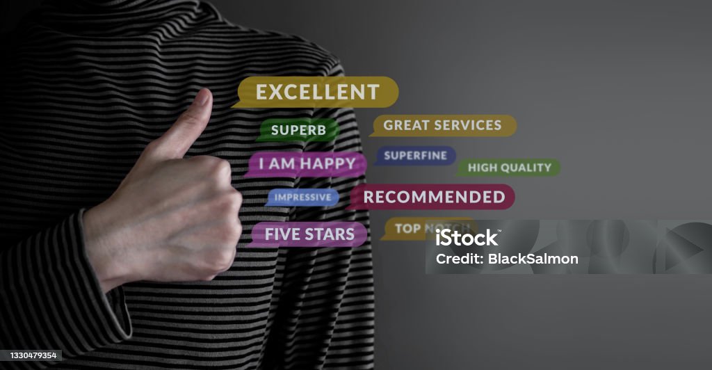 Customer Experience Concept. Happy Client Giving Excellent Services Rating for Satisfaction by Thumb Up Customer Experience Concept. Happy Client Giving Excellent Services Rating for Satisfaction by Thumb Up. Symbol of Best Experiences in Products and Services Service Stock Photo