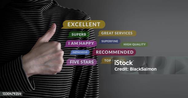 Customer Experience Concept Happy Client Giving Excellent Services Rating For Satisfaction By Thumb Up Stock Photo - Download Image Now