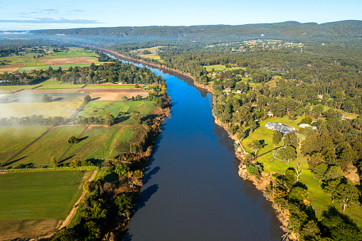 Aerial view of the Nepean River from Richmond NSW, Australia. with mist.