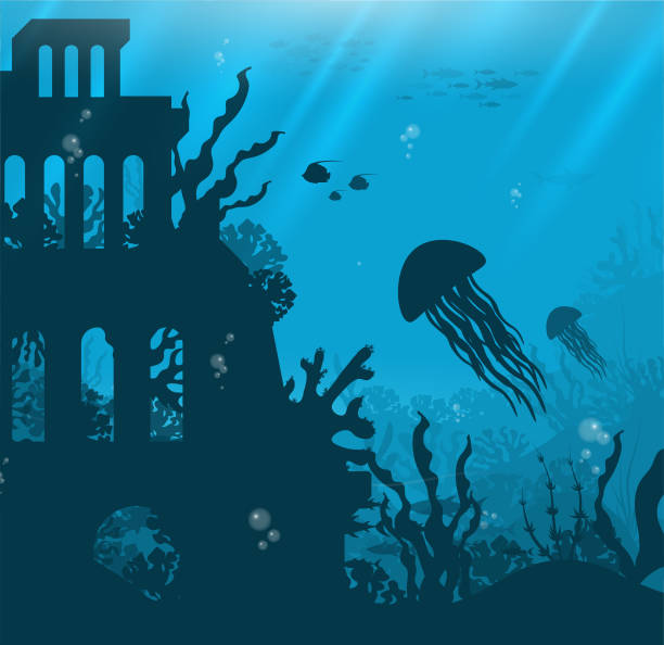 istock Silhouette of coral reef with fish and scuba diver on a blue sea background. 1330481617