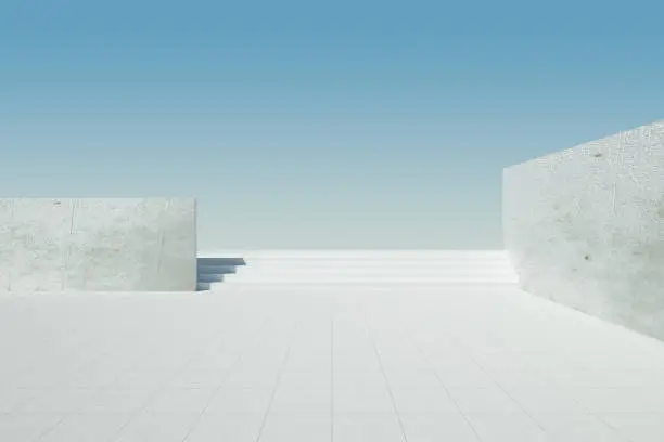 Photo of Empty concrete floor for car park. 3d rendering of abstract white building with blue sky background.