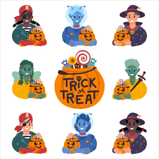 Vector illustration of Smiling kids in costumes with halloween pumpkin. Flat style Illustration