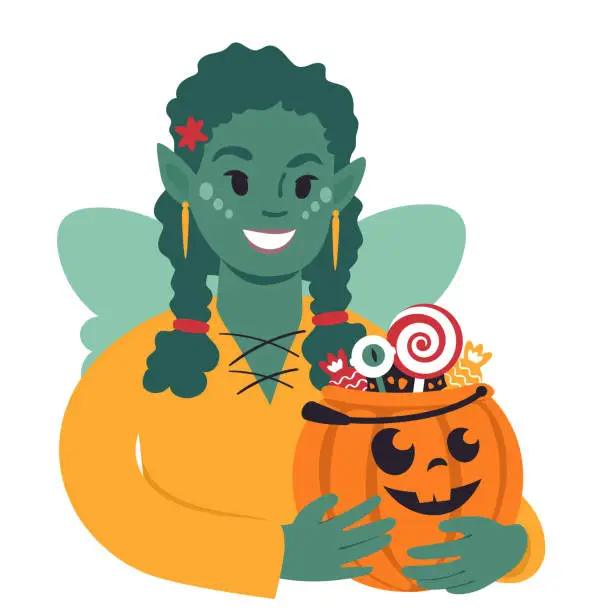 Vector illustration of Girl with halloween pumpkin dressed as an elf. Flat style Illustration