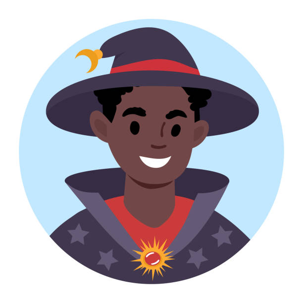 African boy in a pirate costume. Flat style Illustration An avatar of a smiling African boy dressed as a wizard. Halloween, masquerade or play costume. Flat style vector illustration. wizard head stock illustrations