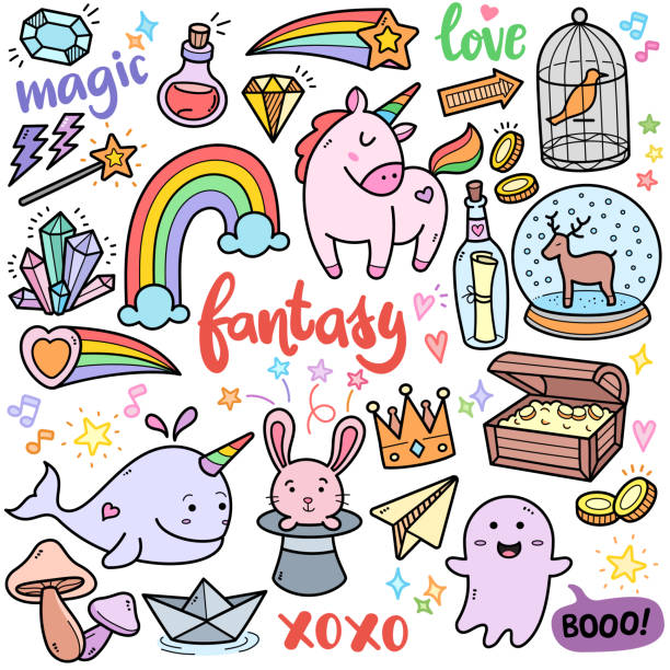 Fantasy Abstract Concepts Color Doodle Illustration Fantasy abstract concepts, colorful graphics elements and illustrations. Fantasy related vector art such as unicorn, whale, rabbit, magic wand, cute ghost are included in this doodle cartoon set. unicorn fish stock illustrations